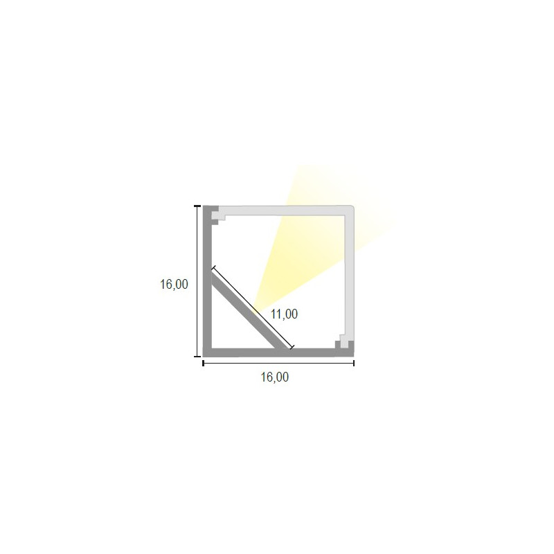 CANALINA 16x16 IN ALLUMINIO 45° LUCE CON COPERTURA QUADRATA POLICARBONATO - 3 MT.