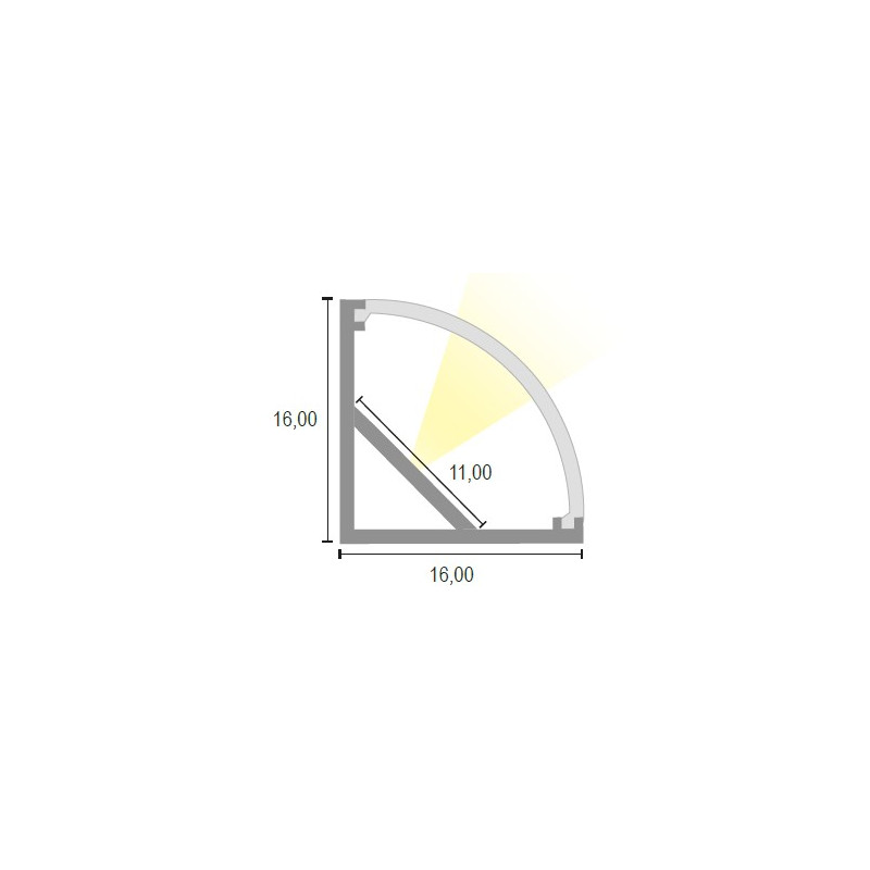 CANALINA 16x16 IN ALLUMINIO 45° LUCE CON COPERTURA TONDA POLICARBONATO - 3 MT.