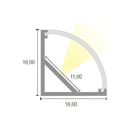 CANALINA 16x16 IN ALLUMINIO 45° LUCE CON COPERTURA TONDA POLICARBONATO - 3 MT.